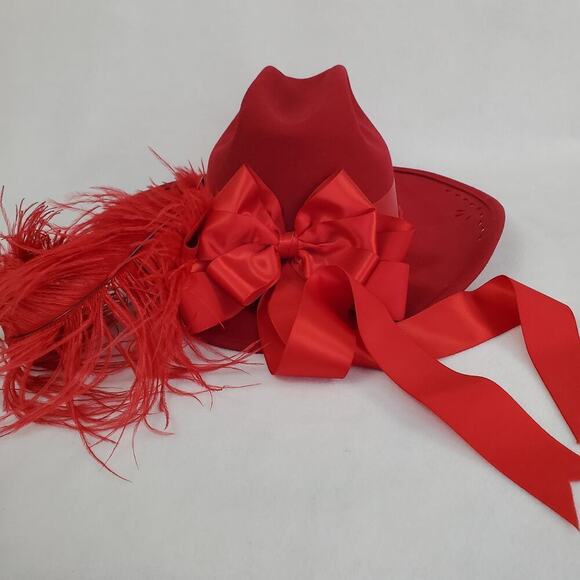 Vintage Nancy Hughes Hat Co Red Wool Satin Ribbon Bow Feather Lazer Cut 7-1/8 - Picture 6 of 12